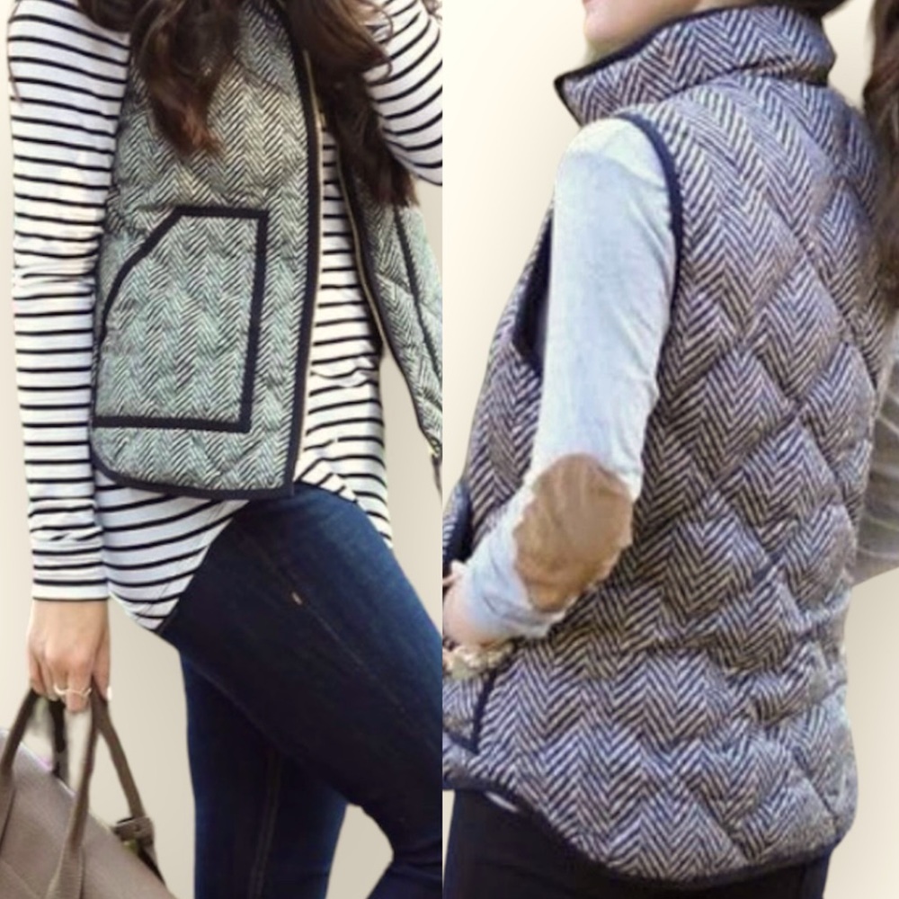 J. Crew Herringbone Quilted Puffer Vest Cream and Black Size Small